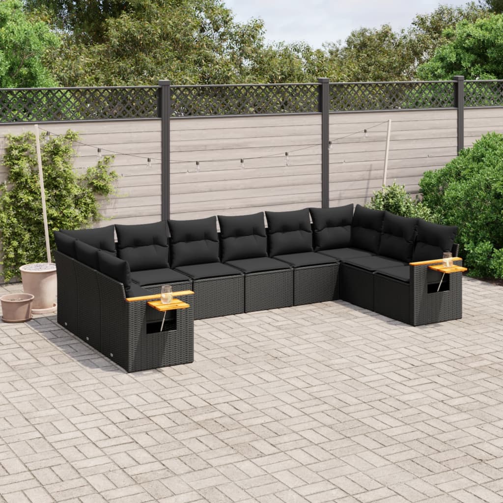 vidaXL 10 Piece Garden Sofa Set with Cushions Black Poly Rattan