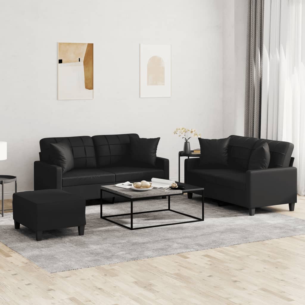 vidaXL 3 Piece Sofa Set with Pillows Black Faux Leather