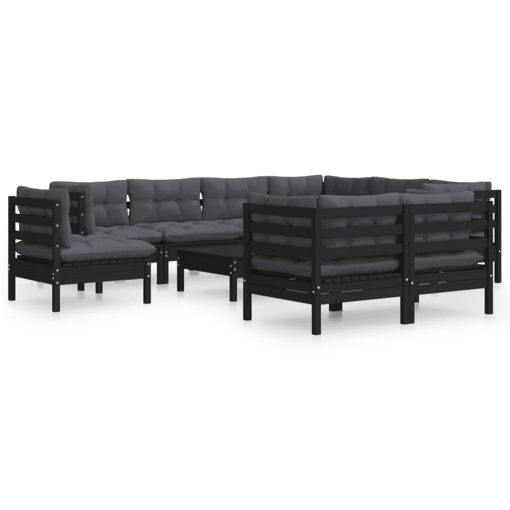 vidaXL 10 Piece Garden Lounge Set with Cushions Black Solid Pinewood