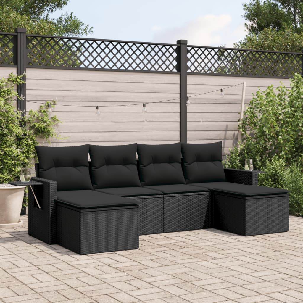 vidaXL 6 Piece Garden Sofa Set with Cushions Black Poly Rattan