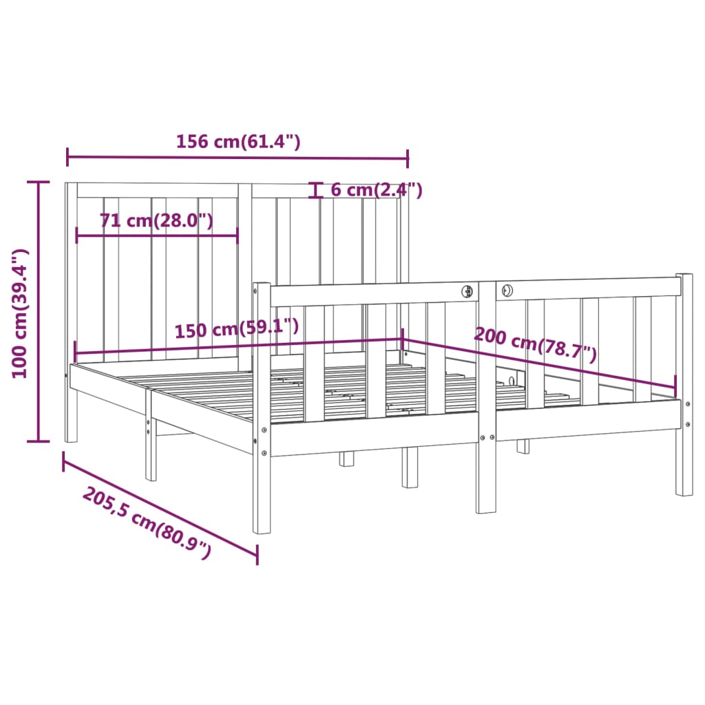 vidaXL Bed Frame without Mattress Black 150x200 cm King Size Solid Wood