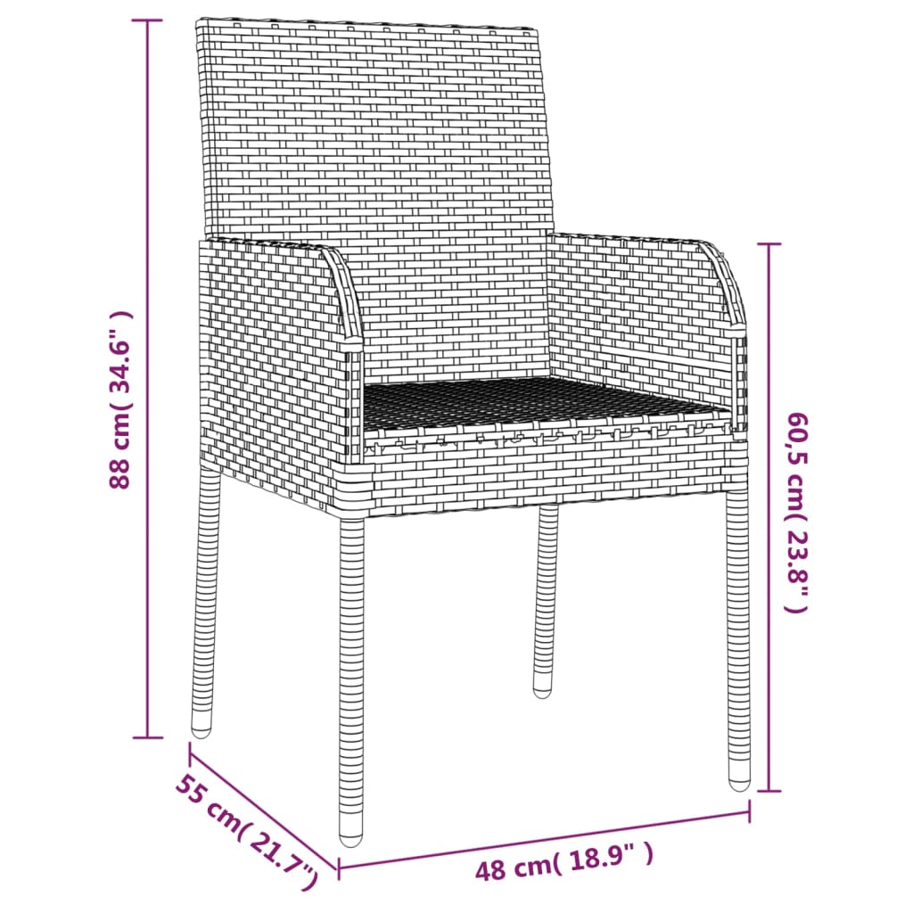 vidaXL 3 Piece Garden Dining Set with Cushions Black and Grey Poly Rattan