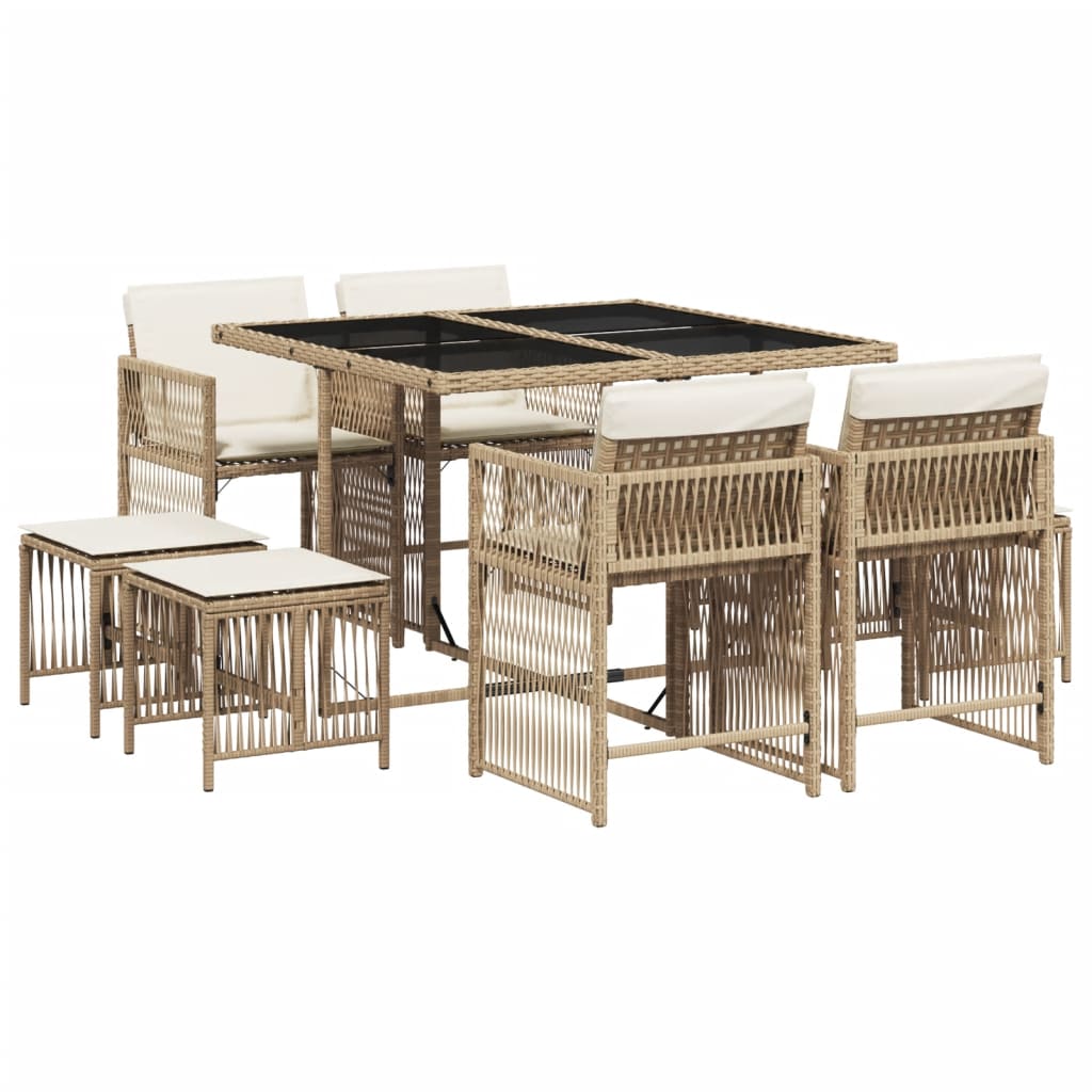 vidaXL 9 Piece Garden Dining Set with Cushions Beige Poly Rattan