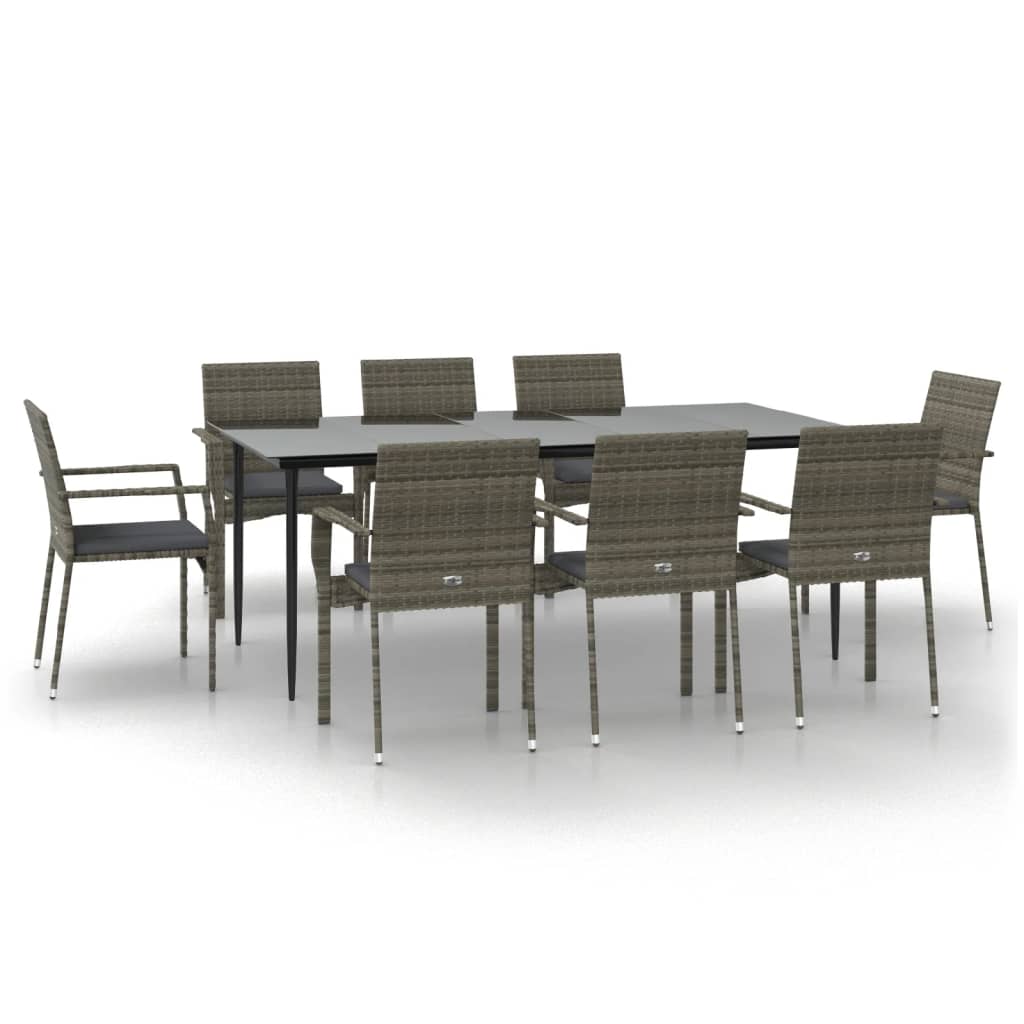 vidaXL 9 Piece Garden Dining Set with Cushions Black and Grey Poly Rattan