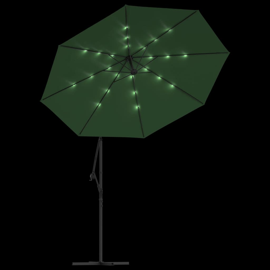 vidaXL Hanging Garden Parasol with LED Lighting 300 cm Green Metal Pole