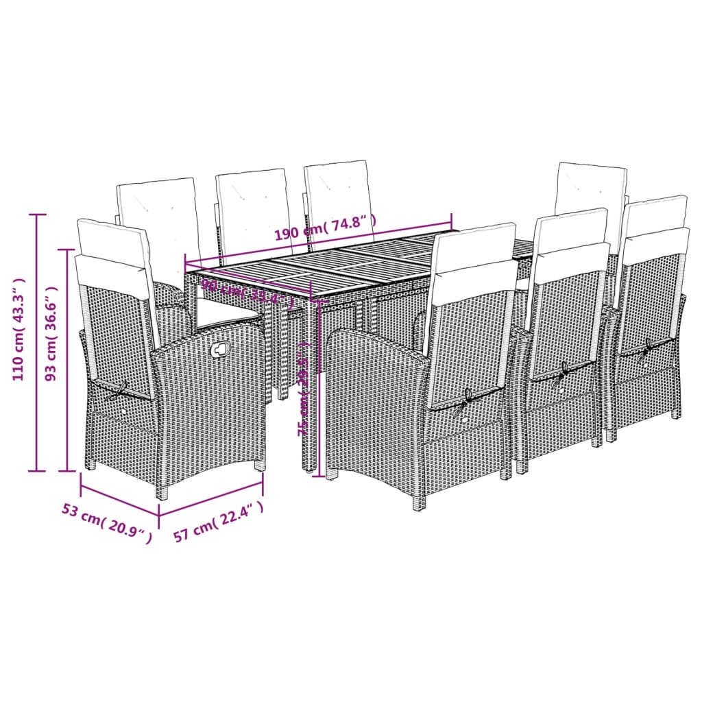 vidaXL 9 Piece Garden Dining Set with Cushions Grey Poly Rattan