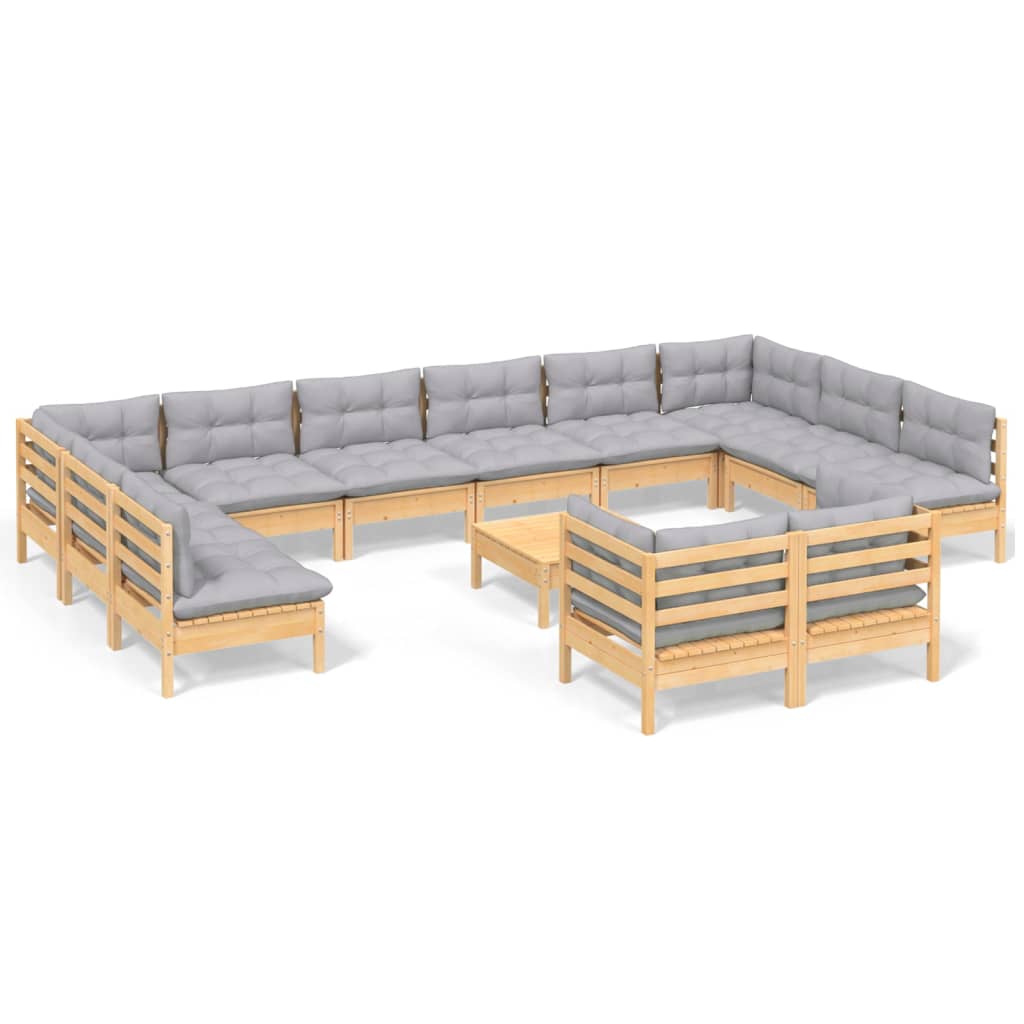 vidaXL 13 Piece Garden Lounge Set with Grey Cushions Pinewood