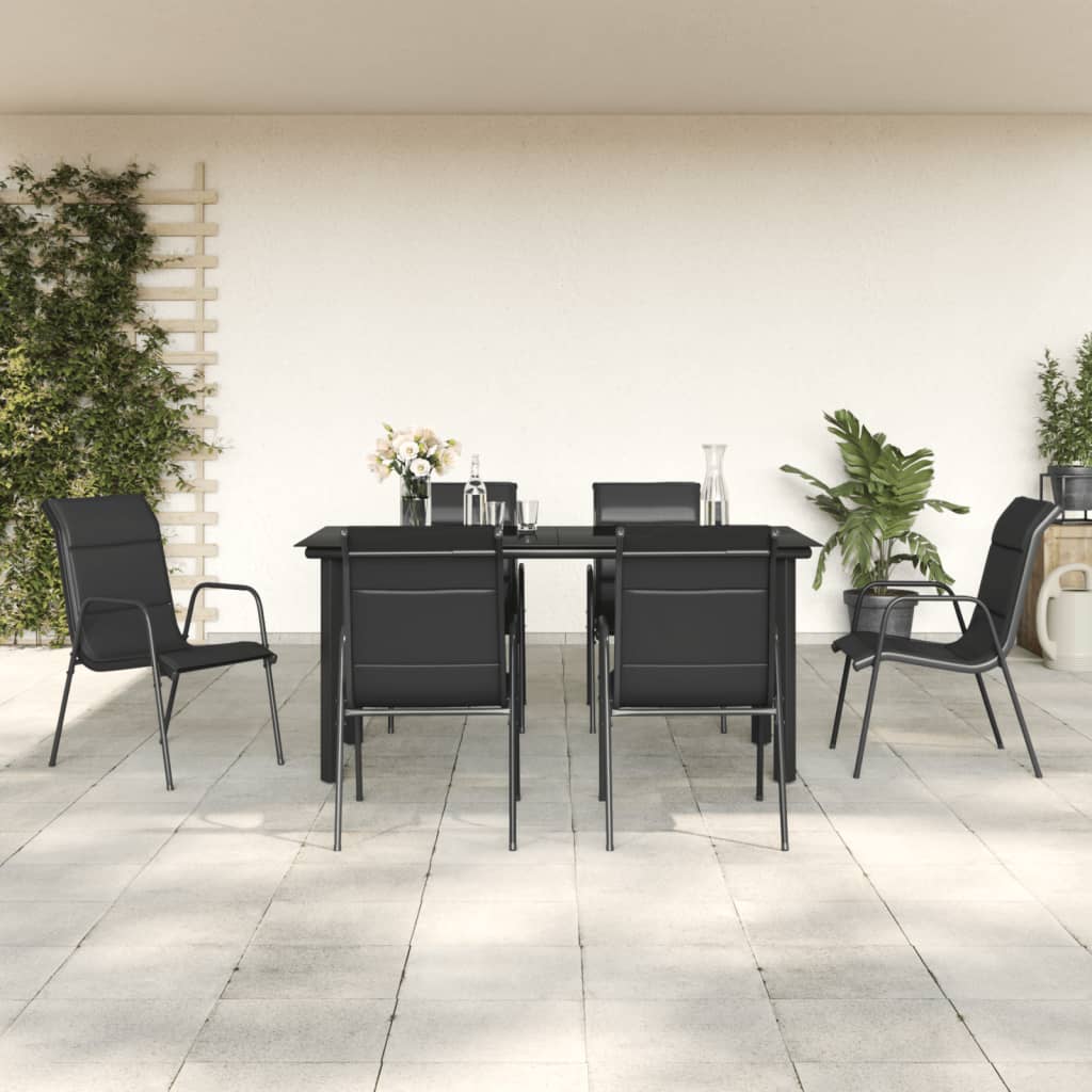 vidaXL 7 Piece Garden Dining Set Black Steel and Textilene