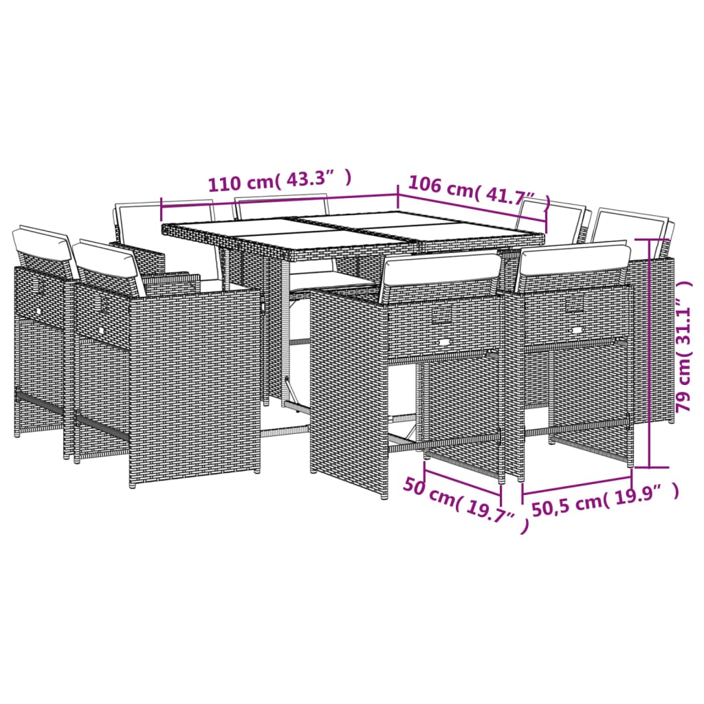 vidaXL 9 Piece Garden Dining Set with Cushions Grey Poly Rattan