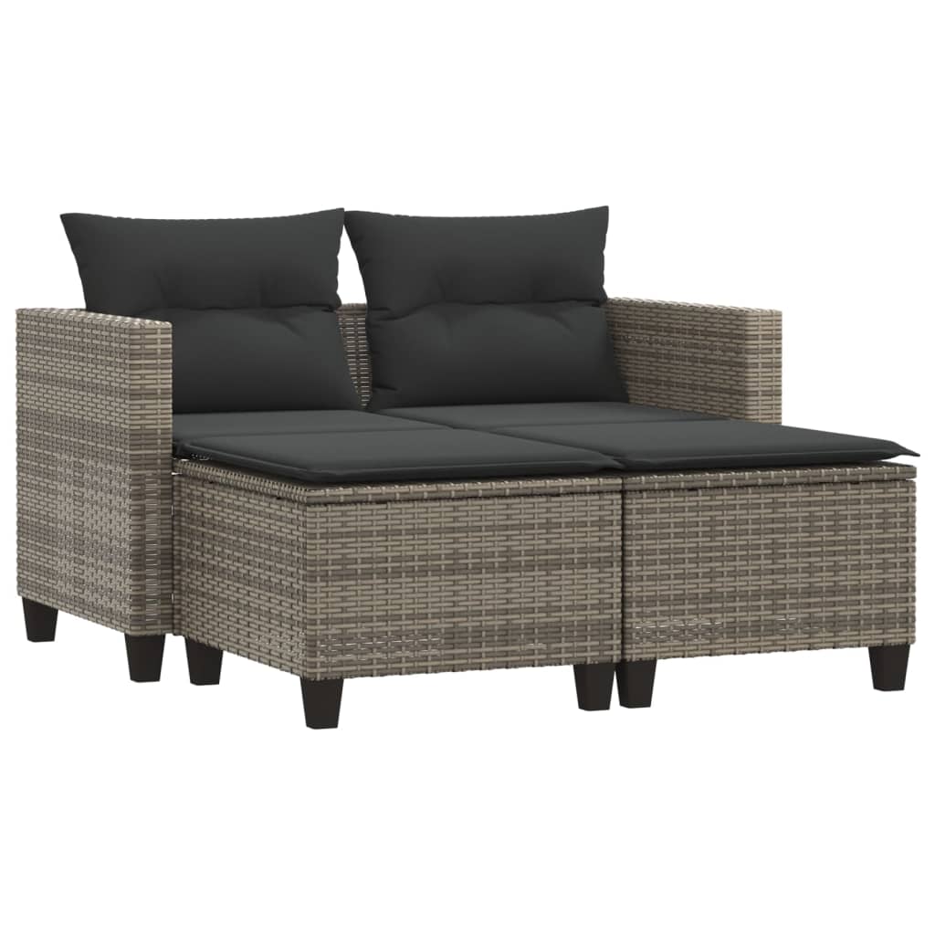 vidaXL Garden Sofa 2-Seater with Stools Grey Poly Rattan