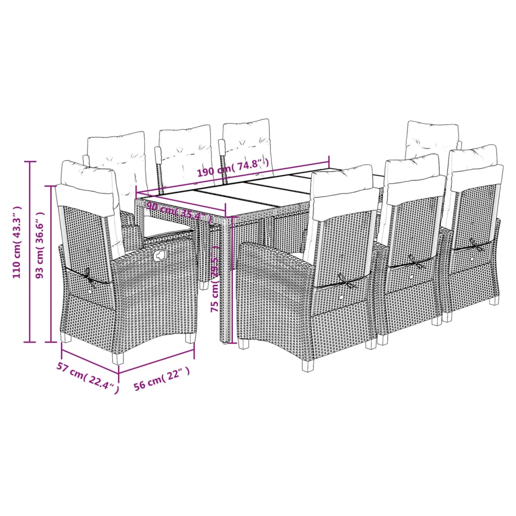 vidaXL 9 Piece Garden Dining Set with Cushions Grey Poly Rattan